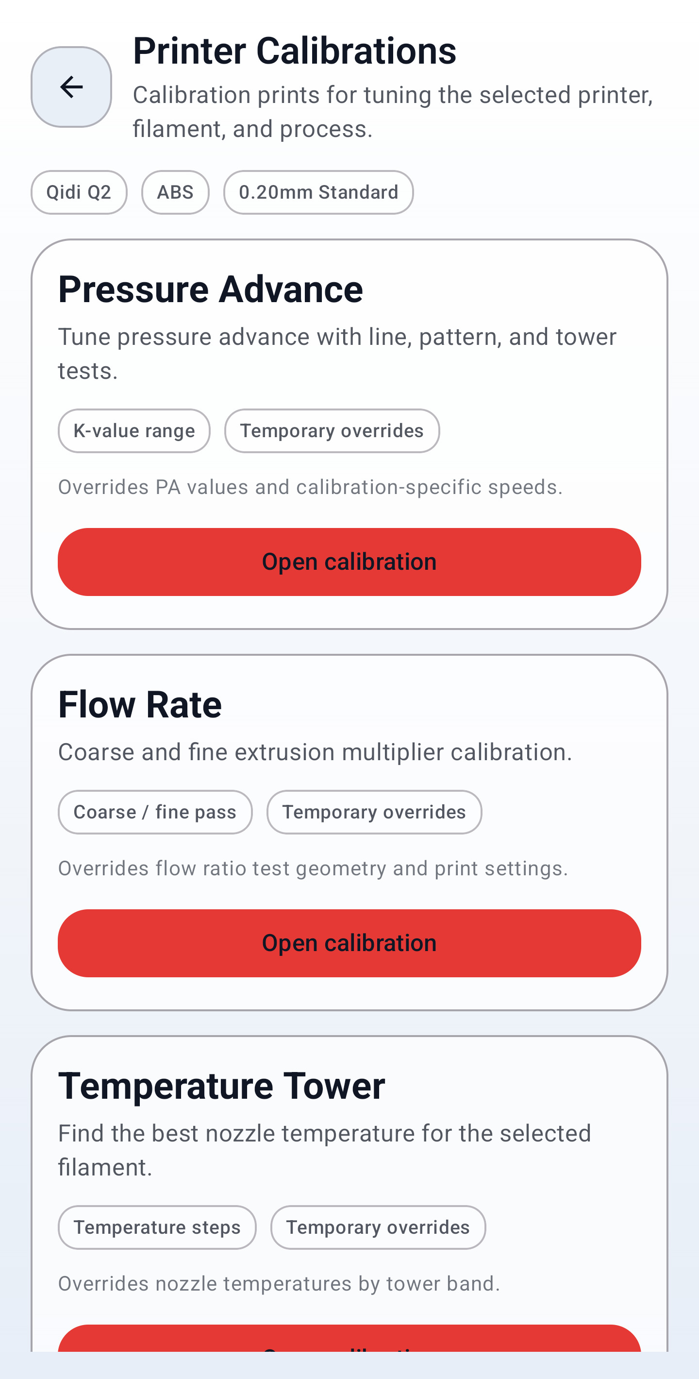 MobileSlicer printer calibration screen.