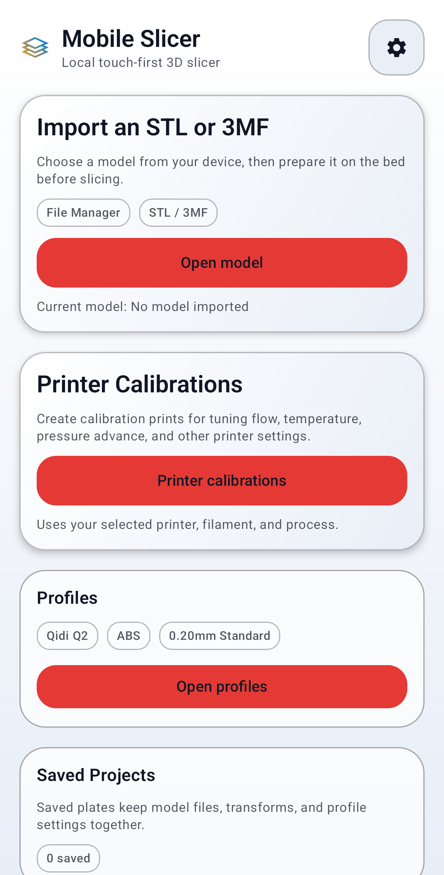 MobileSlicer home screen with model import and calibration tools.