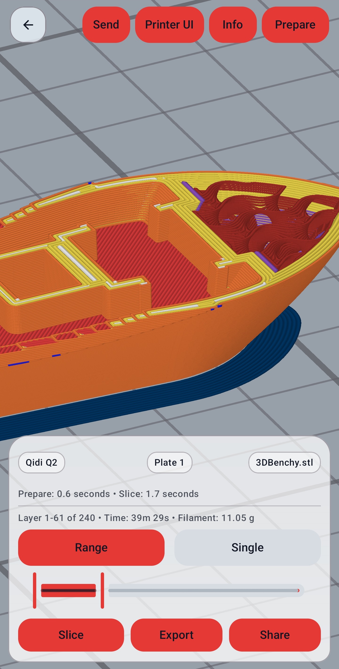 MobileSlicer G-code preview with a sliced model.