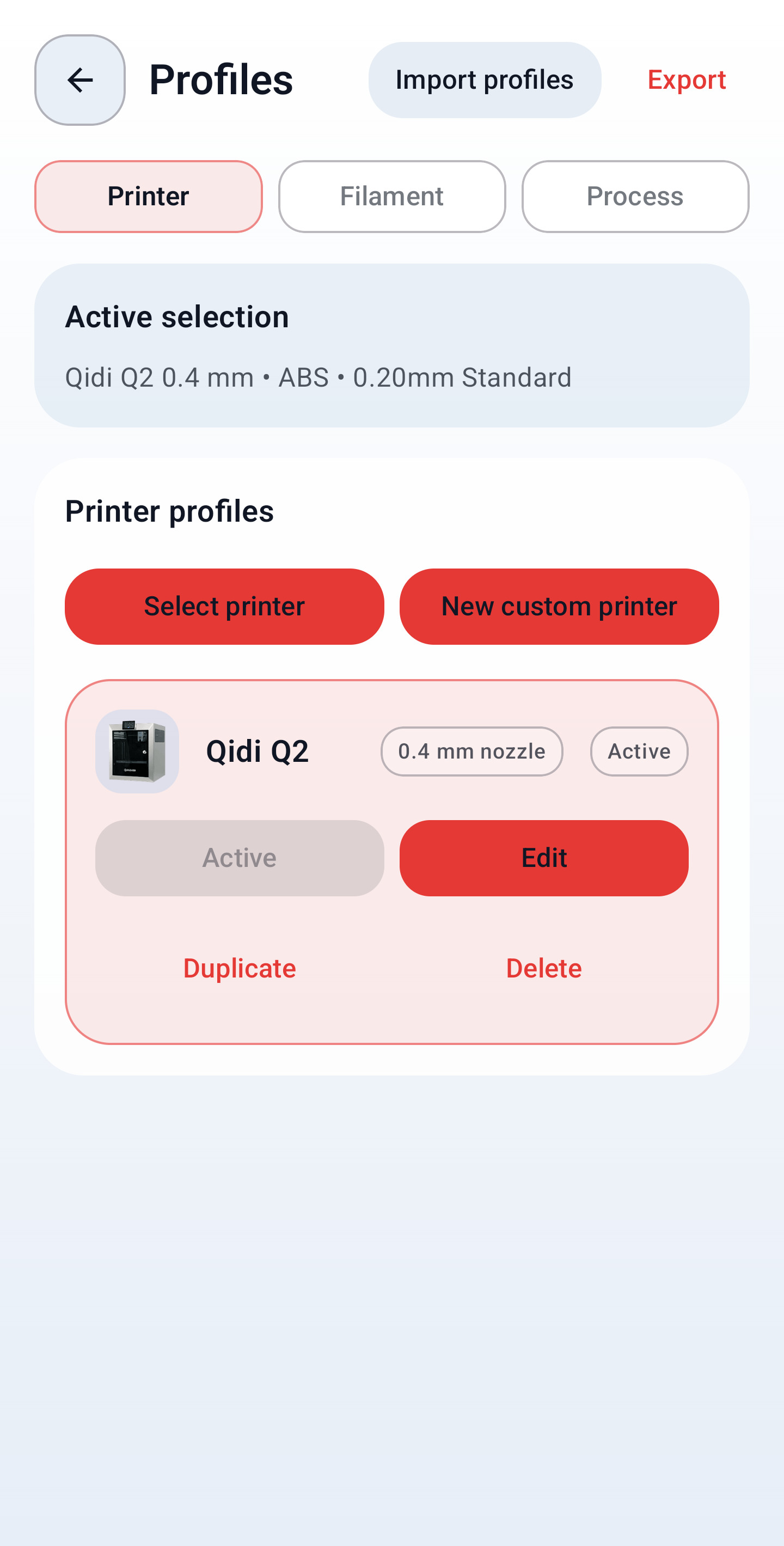 MobileSlicer printer profile controls.